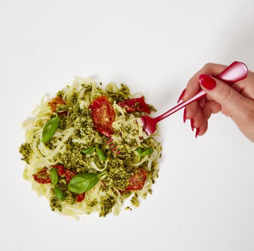 Kale Pesto noodles with white background