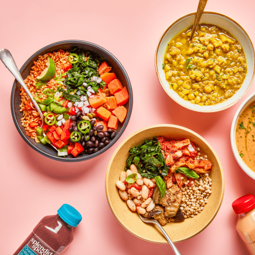 Brown Rice Taco Grain Bowl, CHANNA POTATO, TUSCAN WHITE BEAN BOWL ON PINK BACKGROUND.