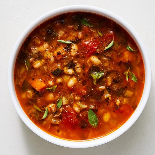 Garden Minestrone Soup in a white bowl on a white background