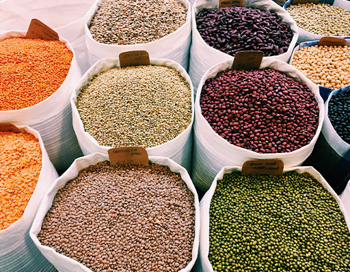 Different types of grains in bags