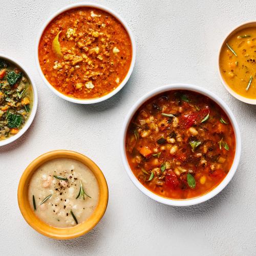 Collection of light soups, Lentil & Kale, Cauliflower Tikka, Cauliflower Potato Chowder, Garden Minestrone, and Butternut Turmeric